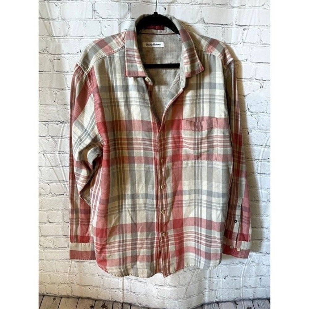 Tommy Bahama Mens Long Sleeve Button Down Shirt Red Tan Plaid Cotton Large